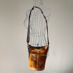 Unbranded genuine leather bucket crossbody bag crocodile print beige brown